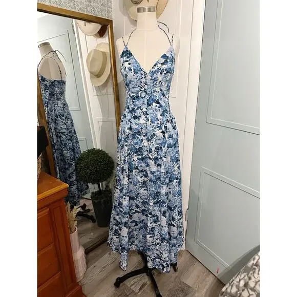 ABERCROMBIE & FITCH Strappy Plunge Maxi Dress Blue White Size Small EUC Maxi